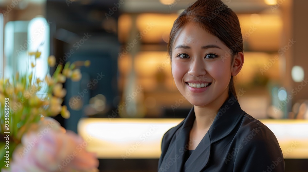 A smiling young woman greets guests in a modern restaurant with soft lighting and elegant decor, showcasing her welcoming personality and professionalism A smiling young woman greets guests in a modern restaurant with soft lighting and elegant decor, showcasing her welcoming personality and professionalism