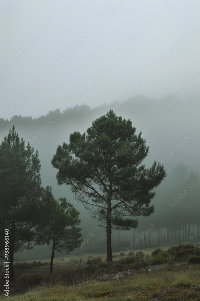 A tree stands alone in a foggy forest A tree stands alone in a foggy forest