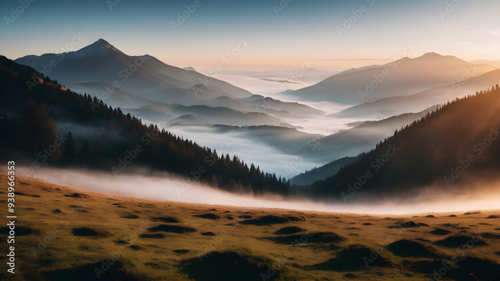 A tranquil mountain landscape with a mist-covered valley at dawn A tranquil mountain landscape with a mist-covered valley at dawn