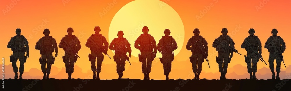 Military infantry men with weapons march forward as the sun sets beautifully behind them Military infantry men with weapons march forward as the sun sets beautifully behind them