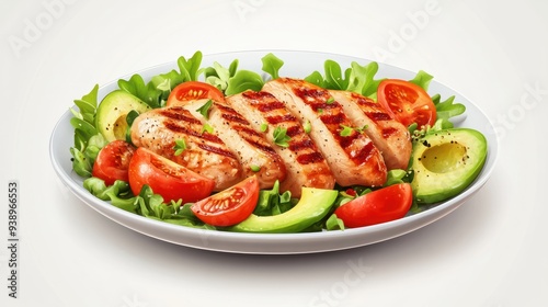 Healthy food diet, Grilled chicken meat and fresh vegetable salad of tomato and avocado