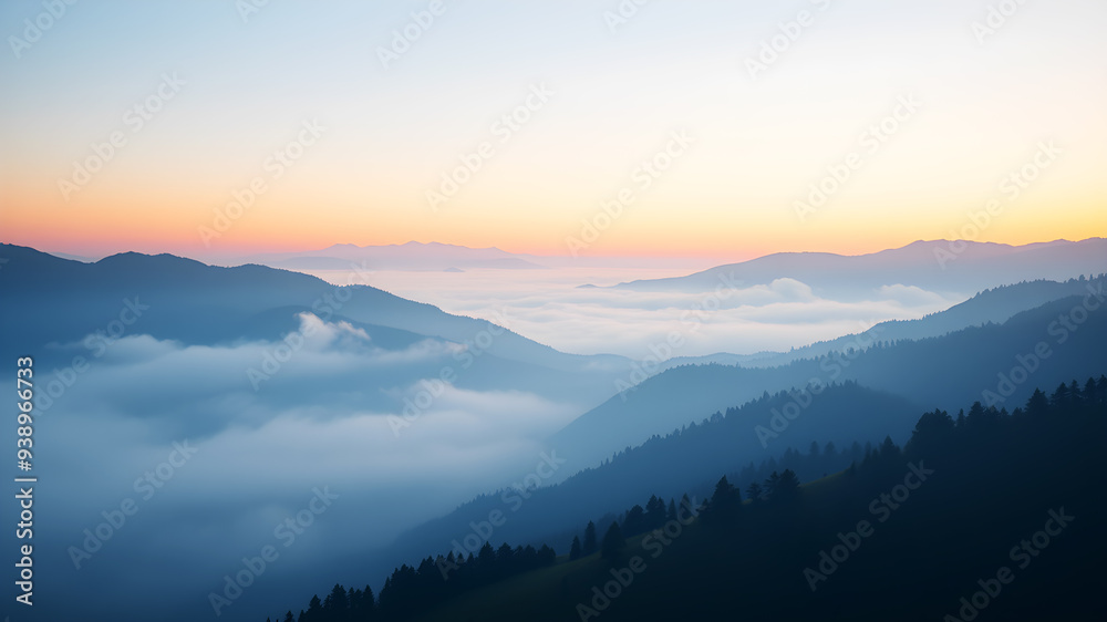 Obraz premium A tranquil mountain landscape with a mist-covered valley at dawn