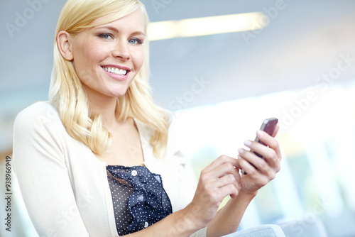 Wallpaper Mural Phone, portrait and smile with business woman on chair in office for networking or planning. Break, communication and happy employee in professional workplace for mobile administration or research Torontodigital.ca