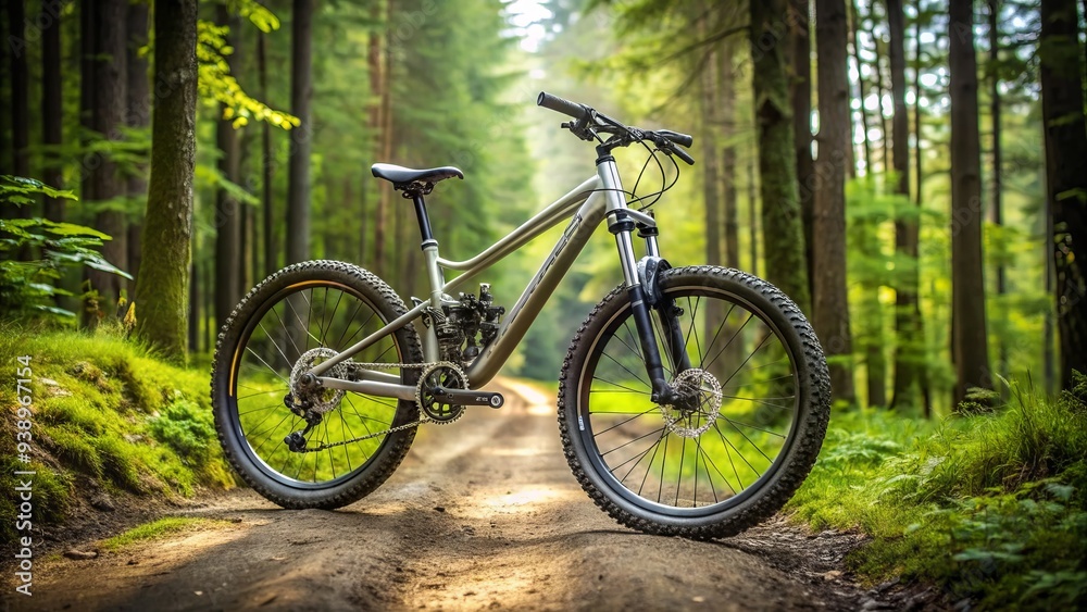 Shiny black and silver full-suspension mountain bike with wide tires and disc brakes parked on a rugged dirt trail surrounded by lush green forest. Shiny black and silver full-suspension mountain bike with wide tires and disc brakes parked on a rugged dirt trail surrounded by lush green forest.
