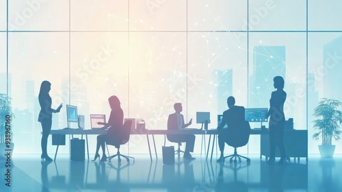 illustration of office business people working with online network connection effect