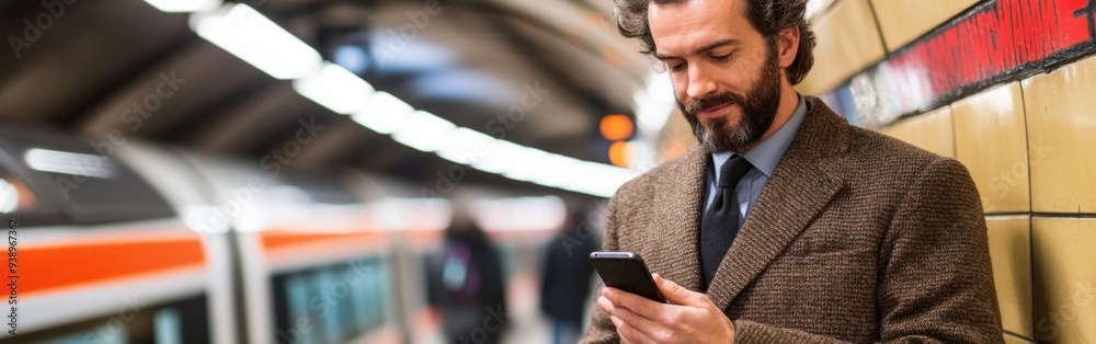 A young man stands on an underground platform, checking his mobile phone as he waits for his train A young man stands on an underground platform, checking his mobile phone as he waits for his train