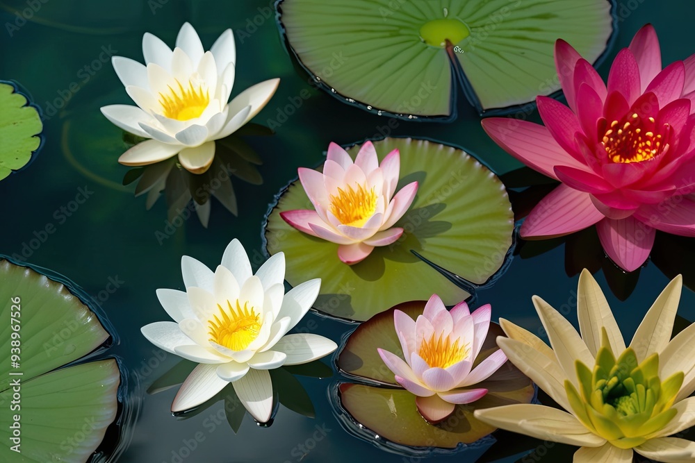 Serene Aquatic Flower Collection Featuring Water Lilies Lotus Petals and Papyrus Blooms on Clear Background