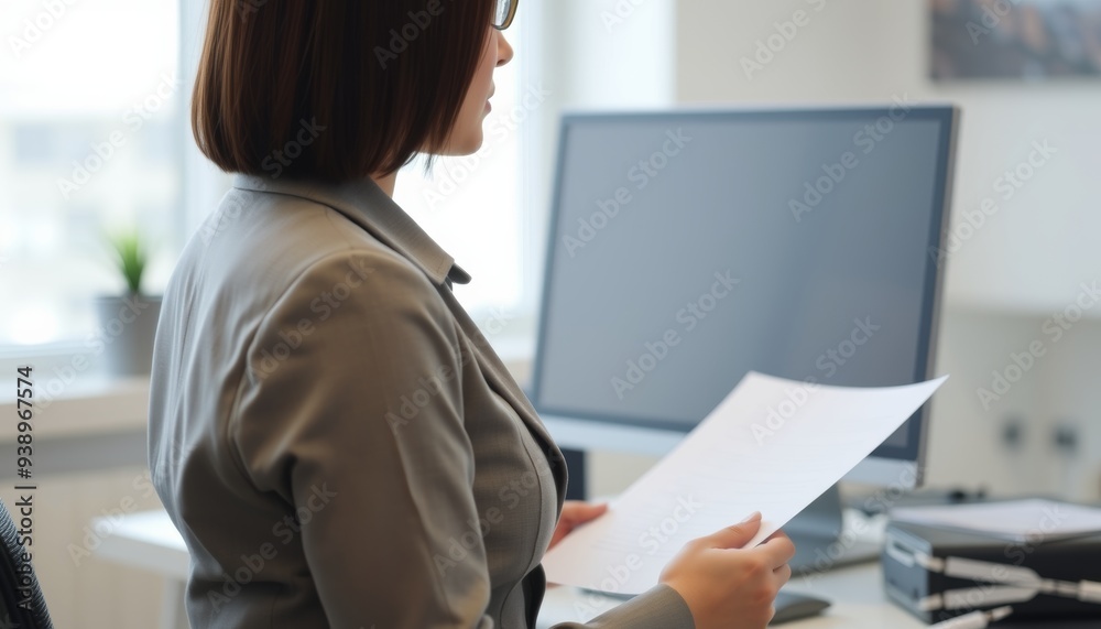 Businesswoman reviewing documents in a modern office Businesswoman reviewing documents in a modern office