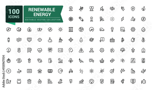 Set of renewable energy outline icons set. Related to green, renewable energy, alternative sources energy. Minimalistic web and UI icon. Outline icon collections.