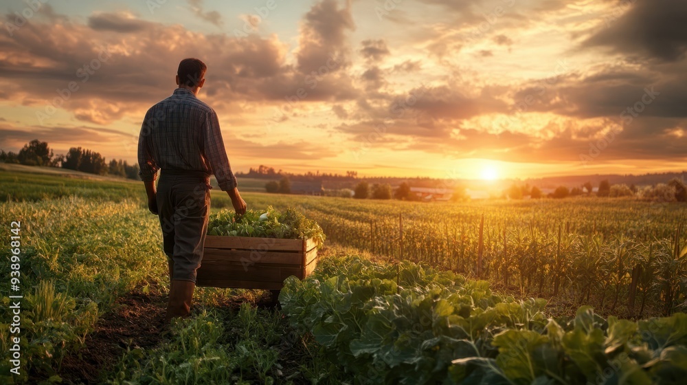 Fototapeta premium Man in a rural field with a vegetable box at sunset represents country life food production