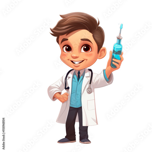 Cartoon-style illustration of a young male doctor with glasses, holding a syringe and wearing a stethoscope. Ideal for medical content, healthcare promotions, or educational resources. Suitable for 