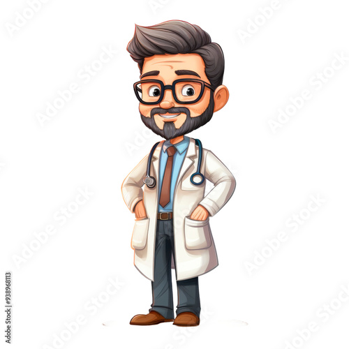 Cartoon-style illustration of a confident male doctor with a beard, standing with hands on hips and wearing a stethoscope. Perfect for medical content, healthcare marketing, or educational resources. 