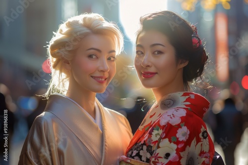  A blond Western European business woman and a black hair Japanese woman wearing Kimono are smiling and welcoming us, street background