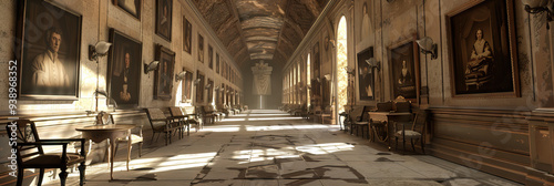An empty hall lined with faded portraits and antique furniture.