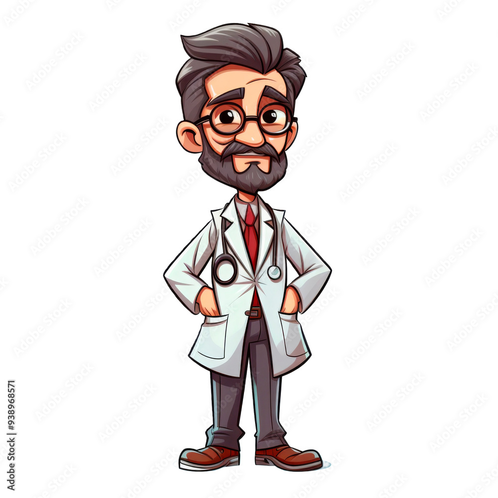 Cartoon-style illustration of a confident male doctor with a beard, standing with hands on hips and wearing a stethoscope. Perfect for medical content, healthcare marketing, or educational resources. Cartoon-style illustration of a confident male doctor with a beard, standing with hands on hips and wearing a stethoscope. Perfect for medical content, healthcare marketing, or educational resources.