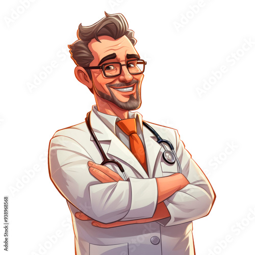 Cartoon-style illustration of a middle-aged male doctor with glasses, a beard, and a stethoscope, smiling confidently with arms crossed. Suitable for medical content, healthcare promotions, or educati photo