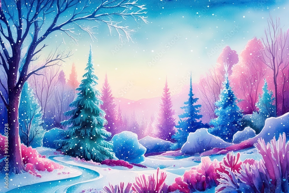 Vibrant Watercolor Whimsical Frosty Landscape Painting Vibrant Watercolor Whimsical Frosty Landscape Painting