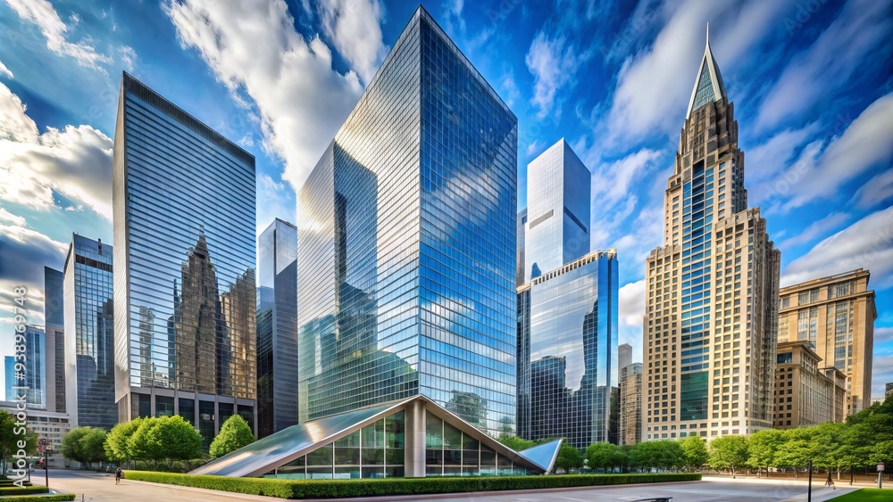 Obraz premium Sleek, modern skyscraper in downtown Chicago, Illinois, with angled glass and steel facade, surrounded by urban cityscape and blue sky.