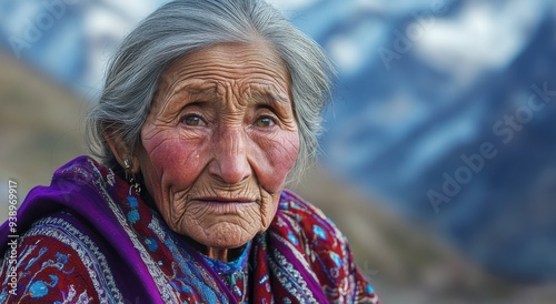 an old woman with gray hair and very wrinkled skin, . She is wearing traditional embroidered from vastanistan in red white and purple colors. The background shows blurred mountains. 