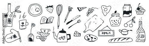 Set of food and drink, kitchen utensils, black and white culinary hand drawn illustrations on white background. Childish naive doodle design style, vector art.