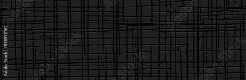 Stylish banner, cover design. Black texture background, embossing. Geometric original 3D pattern with spots, cracks, scratches. Grunge overlay layer.