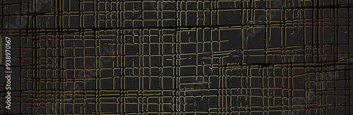 Stylish banner, cover design. Black texture background, gold texture. Geometric original pattern with spots, cracks, scratches. Grunge overlay layer.