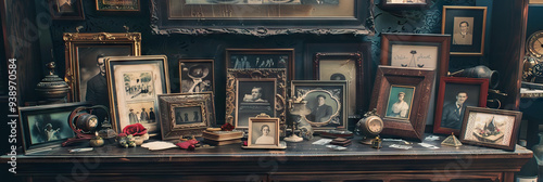 Mementos of Yesteryear: A collection of old photographs, trinkets, and keepsakes displayed in an ornate frame.