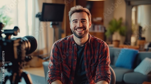 Smiling Man Being Interviewed on Camera. Cheerful man in a casual shirt sitting for an on-camera interview in a cozy room, giving a sense of approachability and openness.