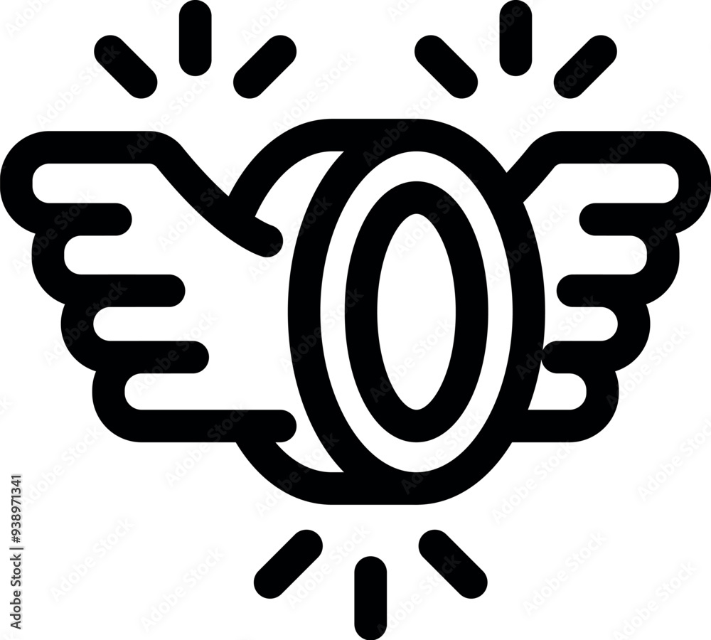 Line art vector icon of two hands holding a golden coin with wings representing the concept of fast and easy money loan Line art vector icon of two hands holding a golden coin with wings representing the concept of fast and easy money loan