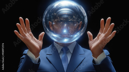 A professional in business attire appears to be channeling insight, depicted with a glowing orb encompassing their head, embodying enlightened business leadership.