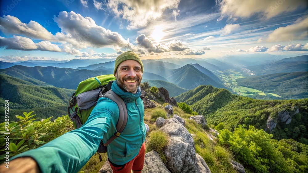 Solo adventurer pauses on a scenic mountaintop to capture a triumphant selfie, surrounded by breathtaking panoramic views and lush green wilderness. Solo adventurer pauses on a scenic mountaintop to capture a triumphant selfie, surrounded by breathtaking panoramic views and lush green wilderness.