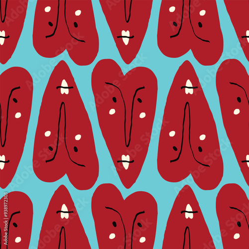 Valentines Day pattern with ugly funky hearts. Groovy cute love characters. Vector illustration in doodle style