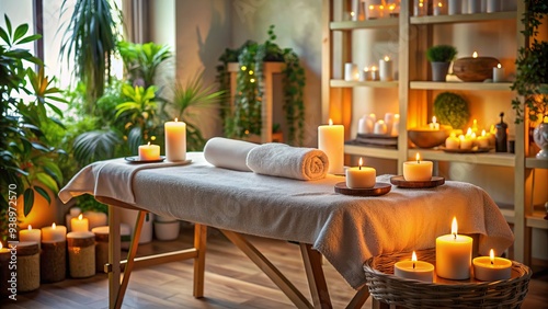 Soothing ambiance of a serene wellness center with candles, essential oils, and a comfortable massage table, promoting relaxation and rejuvenation. photo