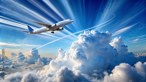 Soothing cloudscape of vibrant blue sky with fluffy white clouds, contrasted by a commercial airliner soaring through the atmosphere, leaving a faint contrail behind. photo