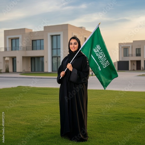 Saudi woman holding Saudi Arabia flag iisolated on house building, celebration saudi national day or flag day, foundation day.