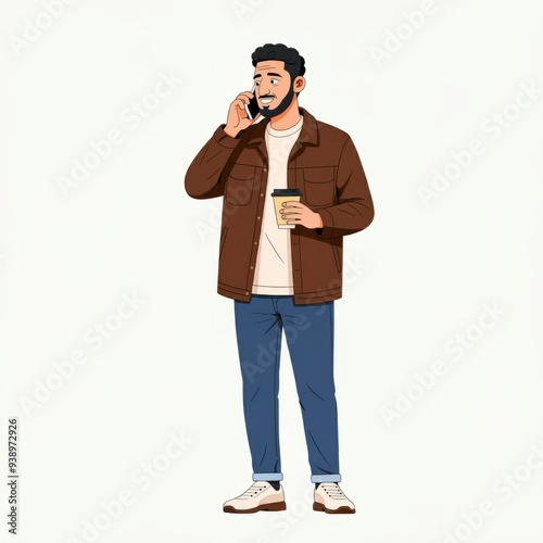 Cheerful millennial arab guy employee  in the morning, using phone on the street, drinking takeaway coffee. Happy middle eastern businessman checking email on smartphone