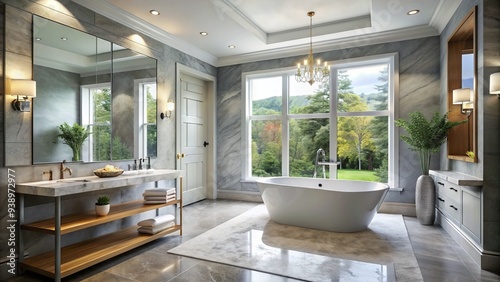 Spacious modern bathroom features sleek grey walls, marble countertops, freestanding tub, separate shower, and large window allowing natural light to illuminate the luxurious space.