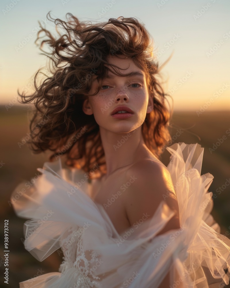 an Australian model with brown curly hair, wearing a white tulle dress, in the background there is an open field at sunset an Australian model with brown curly hair, wearing a white tulle dress, in the background there is an open field at sunset