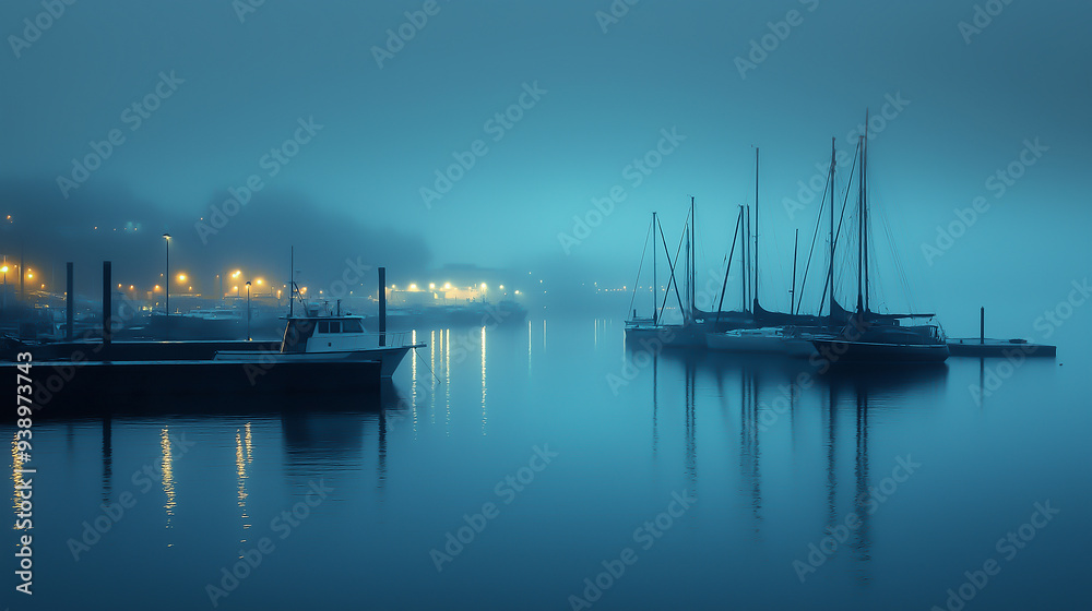 harbor, pale blue hour, surreal, detailed, peaceful, rain harbor, pale blue hour, surreal, detailed, peaceful, rain