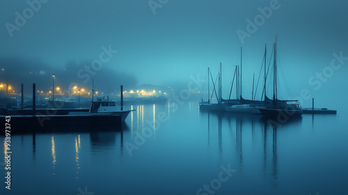 harbor, pale blue hour, surreal, detailed, peaceful, rain