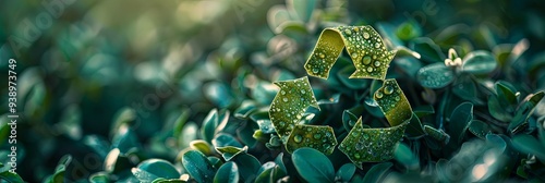 A recycling symbol adorned with dewdrops on lush leaves, promoting themes of freshness, environmental stewardship, and the cyclical nature of life in a vivid, close-up perspective. photo