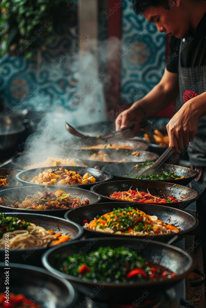 A chef expertly stirs multiple aromatic dishes in an energetic kitchen filled with flavors and vibrant colors A chef expertly stirs multiple aromatic dishes in an energetic kitchen filled with flavors and vibrant colors
