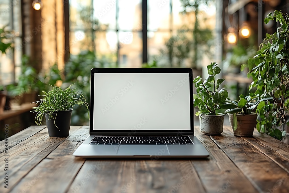 Blank Laptop Screen on Wooden Table with Plants Blank Laptop Screen on Wooden Table with Plants