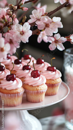 The cupcakes are topped with cherry buttercream frosting and decorated with pink fondant cherry blossoms