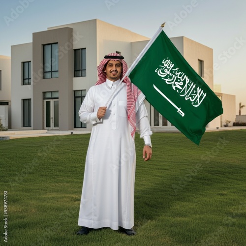 Saudi man holding Saudi Arabia flag on front of buildings, celebration saudi national day or flag day, foundation day. photo