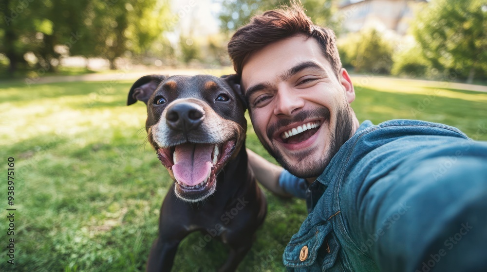 Young happy man taking selfie with his dog in a park , Smiling guy and puppy having fun together outdoor , Friendship and love between humans and animals Young happy man taking selfie with his dog in a park , Smiling guy and puppy having fun together outdoor , Friendship and love between humans and animals