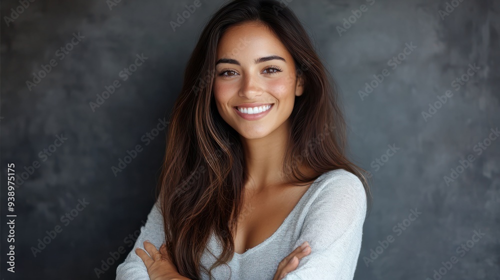 Young Latina woman in portrait with crossed arms and a cheerful smile. Beautiful woman looking at camera with her arms crossed. generative ai Young Latina woman in portrait with crossed arms and a cheerful smile. Beautiful woman looking at camera with her arms crossed. generative ai