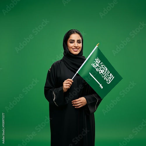 Saudi man holding Saudi Arabia flag isolated on dark background, celebration saudi national day or flag day, foundation day. photo