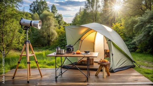 Summer camping setup with a mock-up tent, outdoor gear, and props on a studio table, ready for a product or advertising photography shoot. photo