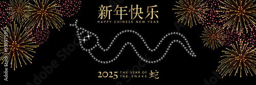 2025 - Bannière pour le nouvel an chinois avec un serpent représenté comme dessiné par des drones volant dans un ciel noir entourés de feux d'artifice - traduction : bonne année, serpent.
